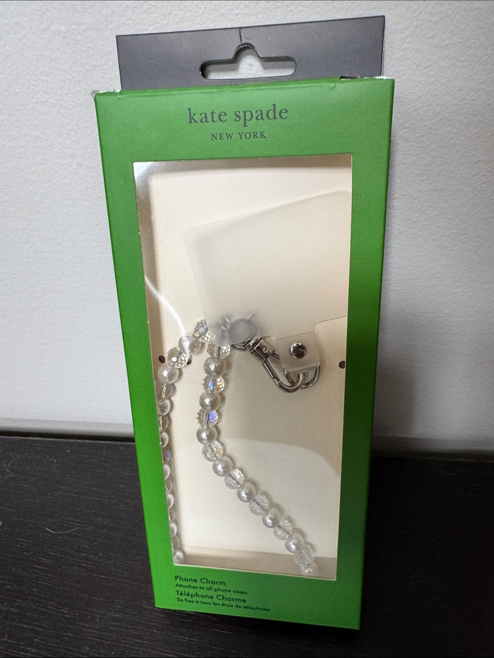 kate spade Pearl and Crystal Phone Charm in Green Packaging